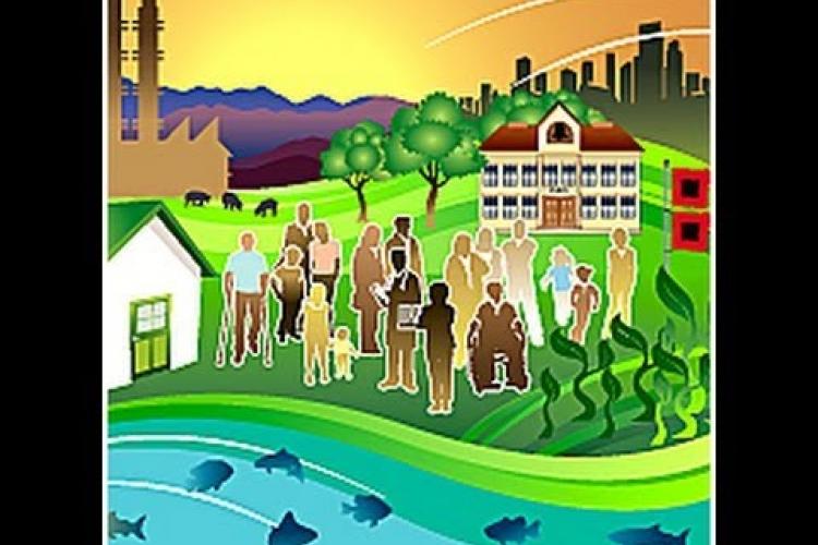 Environmental health drawing of people, city and river