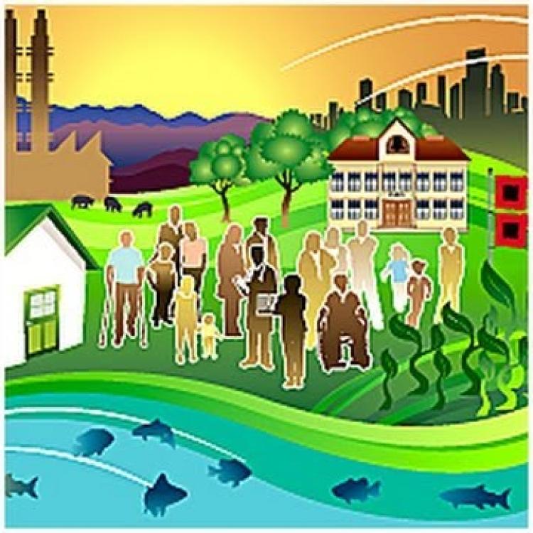 Environmental health drawing of people, city and river